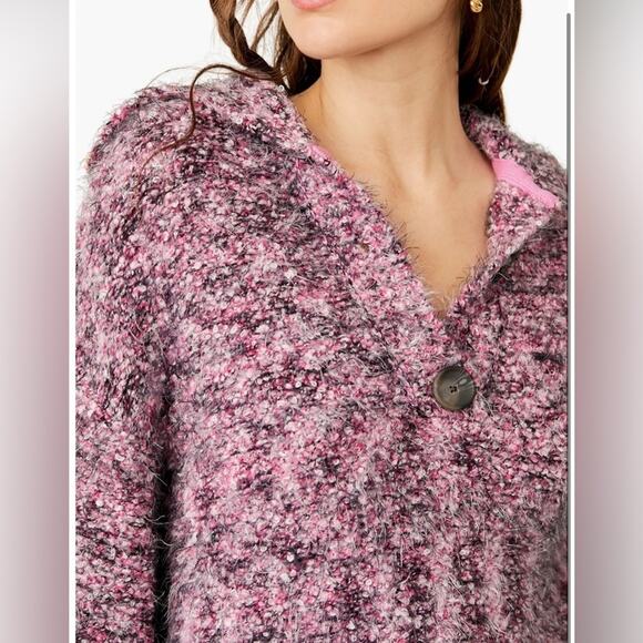 Free People Stellar Knit Pullover Sweater Pink Boucle Collared Button Size Med - Picture 6 of 13